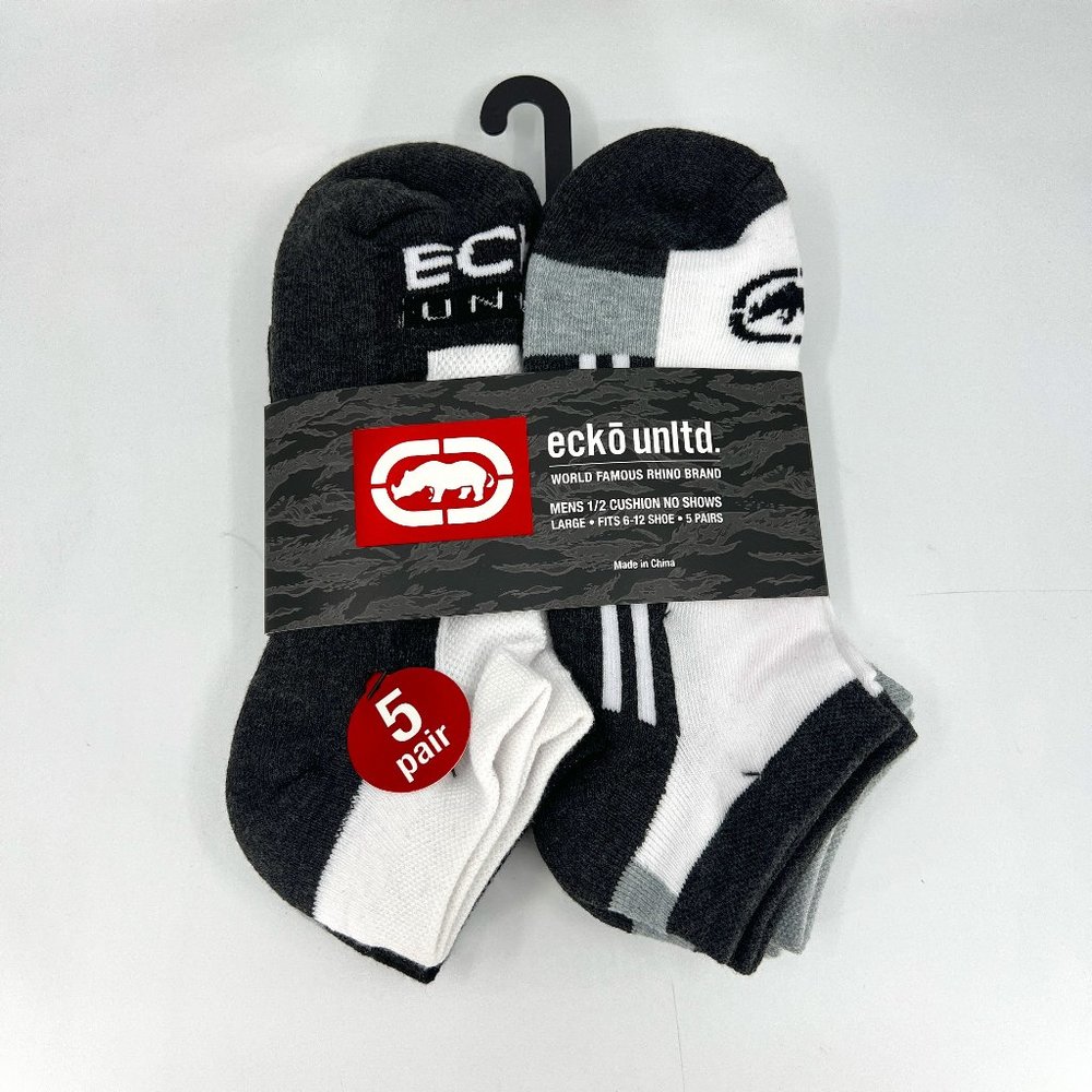NWT Ecko Unlitd Men 1/2 Cushion No Show Socks - 5 Pairs Large